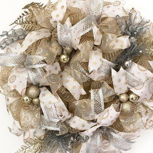 Gold Silver Ornamental Wreath For Front Door Deco Mesh